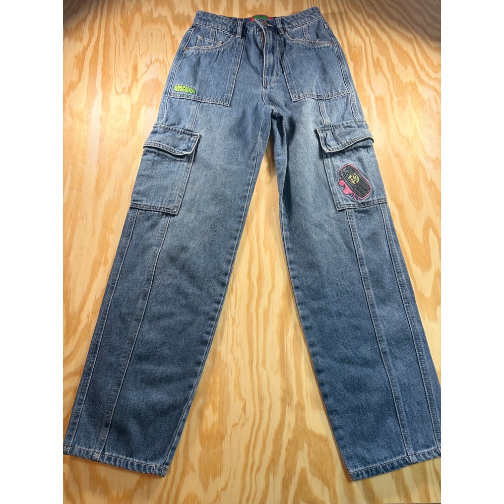 Empyre Womens‎ Y2K Cargo Jeans Medium Wash Blue Wide Leg Embroidered Size 0